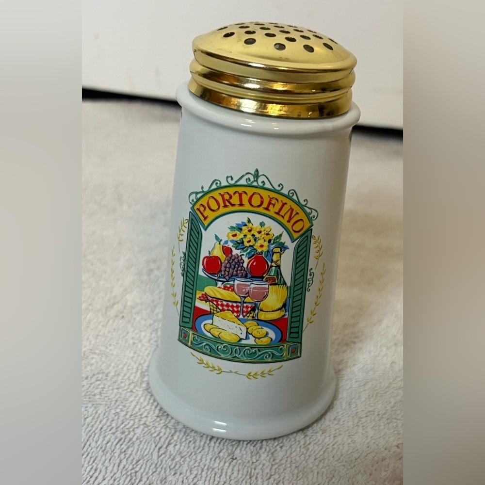 Vintage 1970’s Portofino Himark Parmesan Cheese Shaker White/Gold Top 5.5” Tall